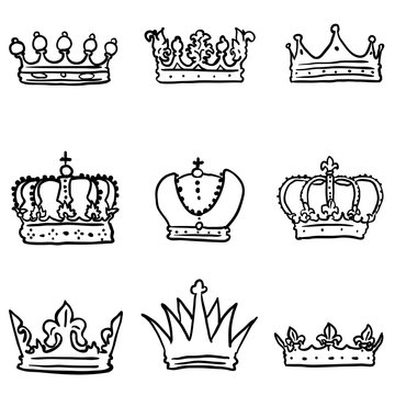 Vector Set of Black Doodle Royal Crown Icons