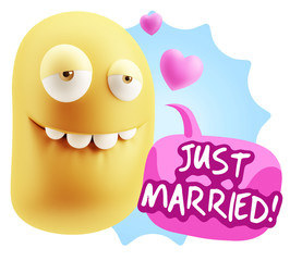 3d Rendering. Love Biting Lip Emoticon Face saying Just Married