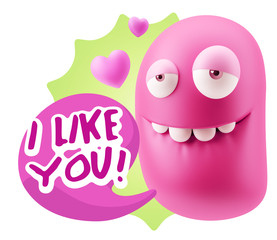 3d Rendering. Love Biting Lip Emoticon Face saying I Like You wi