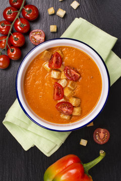 Tomato carrot soup with croutons