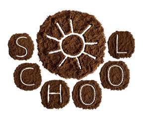 School and sun, decorated with ground coffee on white background