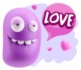 3d Rendering. Love Biting Lip Emoticon Face saying Love with Col
