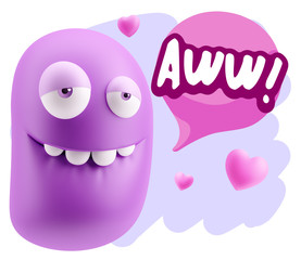 3d Rendering. Love Biting Lip Emoticon Face saying Awww with Col