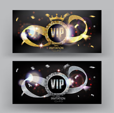 VIP banners with gold and silver ribbons and confetti