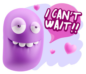 3d Rendering. Love Biting Lip Emoticon Face saying I Can't Wait