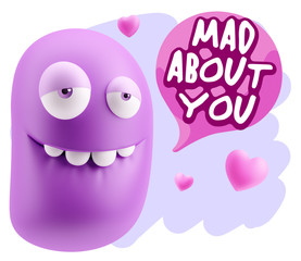 3d Rendering. Love Biting Lip Emoticon Face saying Mad About You