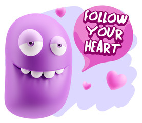 3d Rendering. Love Biting Lip Emoticon Face saying Follow Your H