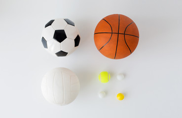 close up of different sports balls set over white
