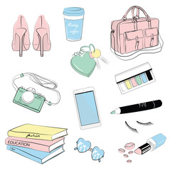 woman fashion and makeup accessorie set. Instagram sticker or design element for fashion beauty make up content. Illustration of lipstick, bag, cosmetics, heel shoe, coffee, books, camera, sunglasses. - obrazy, fototapety, plakaty