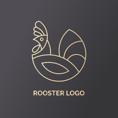 Rooster logo design vector template. Label for natural farm products. Gold logotype on black background. Vector illustration in line style.