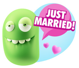 3d Rendering. Love Biting Lip Emoticon Face saying Just Married