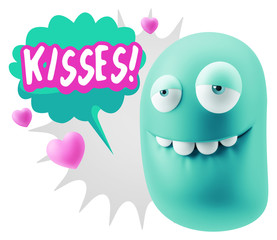 3d Rendering. Love Biting Lip Emoticon Face saying Kisses with C