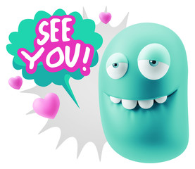 3d Rendering. Love Biting Lip Emoticon Face saying See You with