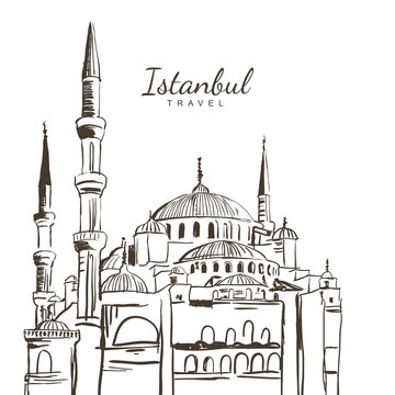 Vector hand drawn sketch illustration of Blue Mosque, Sultanahme