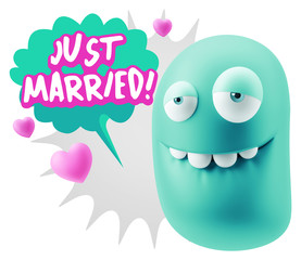3d Rendering. Love Biting Lip Emoticon Face saying Just Married