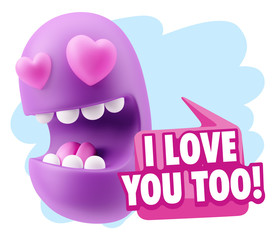 3d Rendering. Emoji in love with heart eyes saying I Love You To