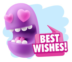 3d Rendering. Emoji in love with heart eyes saying Best Wishes w