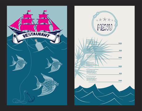 Seafood restaurant menu background with marine design elements.  Vector illustration. Flat design