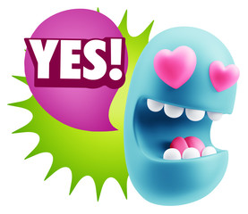 3d Rendering. Emoji in love with heart eyes saying Yes with Colo