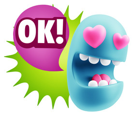 3d Rendering. Emoji in love with heart eyes saying Ok with Color