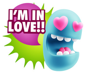3d Rendering. Emoji in love with heart eyes saying I'm in Love w