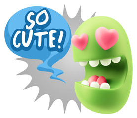 3d Rendering. Emoji in love with heart eyes saying So Cute with