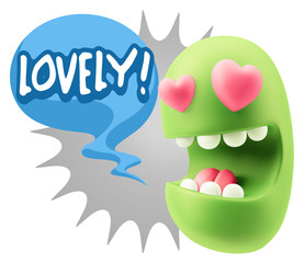 3d Rendering. Emoji in love with heart eyes saying Lovely with C