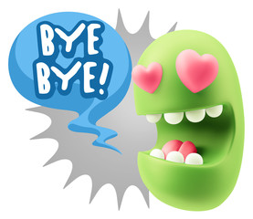 3d Rendering. Emoji in love with heart eyes saying Bye Bye with