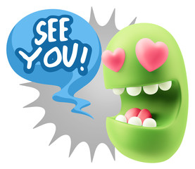 3d Rendering. Emoji in love with heart eyes saying See You with