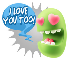 3d Rendering. Emoji in love with heart eyes saying I Love You To