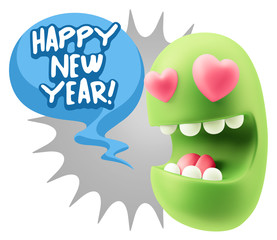 3d Rendering. Emoji in love with heart eyes saying Happy New Yea