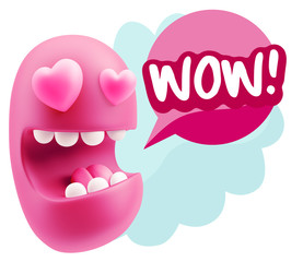 3d Rendering. Emoji in love with heart eyes saying Wow with Colo