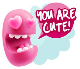 3d Rendering. Emoji in love with heart eyes saying You Are Cute