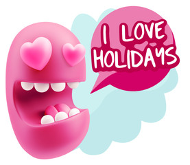 3d Rendering. Emoji in love with heart eyes saying I Love Holida