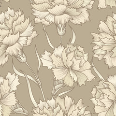 Floral retro seamless pattern. Flower carnation background. Flourish engraving texture