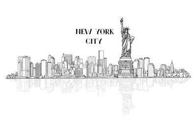 Obraz premium New York, USA skyline sketch. NYC city silhouette with Liberty monument. American landmarks. Urban architectural landscape. Cityscape with famous buildings