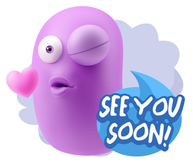 3d Rendering. Kiss Emoticon Face saying See You Soon with Colorf