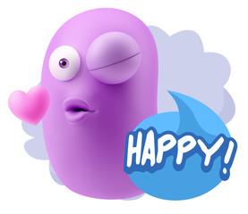 3d Rendering. Kiss Emoticon Face saying Happy with Colorful Spee