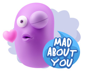 3d Rendering. Kiss Emoticon Face saying Mad About You with Color