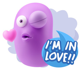 3d Rendering. Kiss Emoticon Face saying I'm in Love with Colorfu