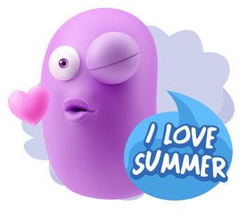 3d Rendering. Kiss Emoticon Face saying I Love Summer with Color