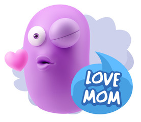 3d Rendering. Kiss Emoticon Face saying Love Mom with Colorful S