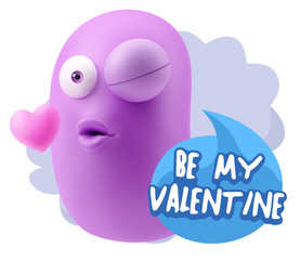 3d Rendering. Kiss Emoticon Face saying Be My Valentine with Col