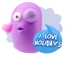 3d Rendering. Kiss Emoticon Face saying I Love Holidays with Col