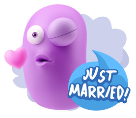 3d Rendering. Kiss Emoticon Face saying Just Married with Colorf