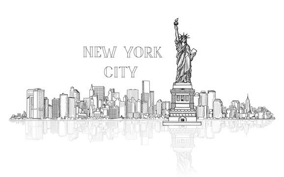 New York, USA skyline sketch. NYC city silhouette with Liberty monument. American landmarks. Urban architectural landscape. Cityscape with famous buildings