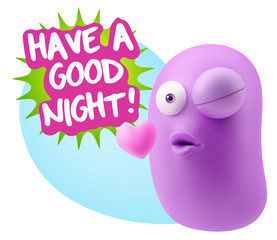 3d Rendering. Kiss Emoticon Face saying Have A Good Night with C