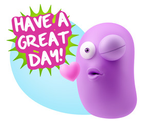 3d Rendering. Kiss Emoticon Face saying Have A Great Day with Co