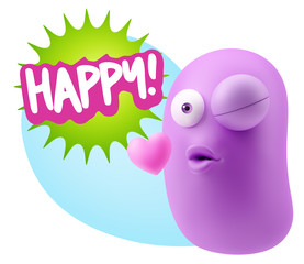 3d Rendering. Kiss Emoticon Face saying Happy with Colorful Spee