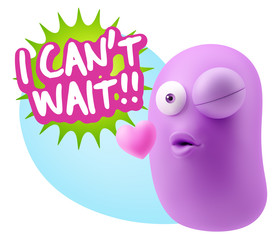 3d Rendering. Kiss Emoticon Face saying I Can't Wait with Colorf